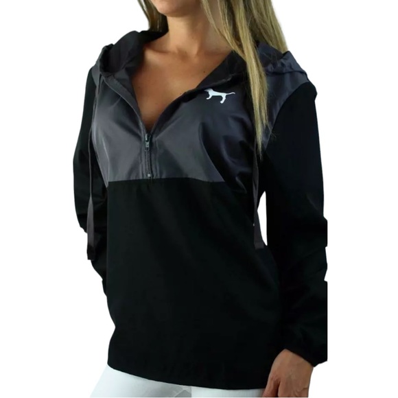 PINK VICTORIA’S SECRET Black Gray Windbreaker Anorak Half-Zip Jacket - Picture 1 of 10